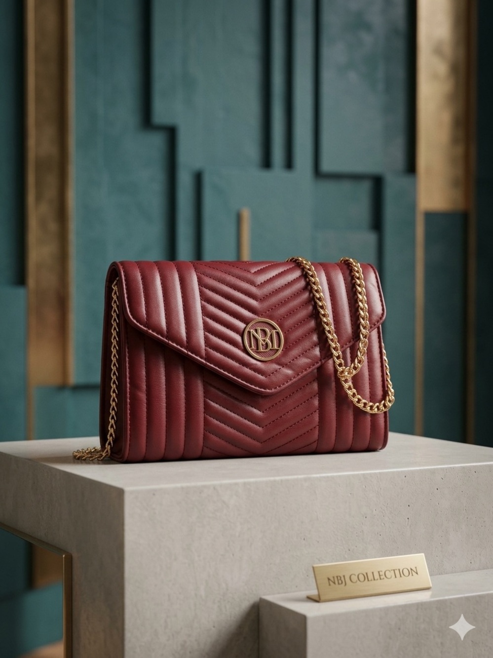 Badgley Mischka Quilted Shoulder Bag in Burgundy with Gold Chain *NWT